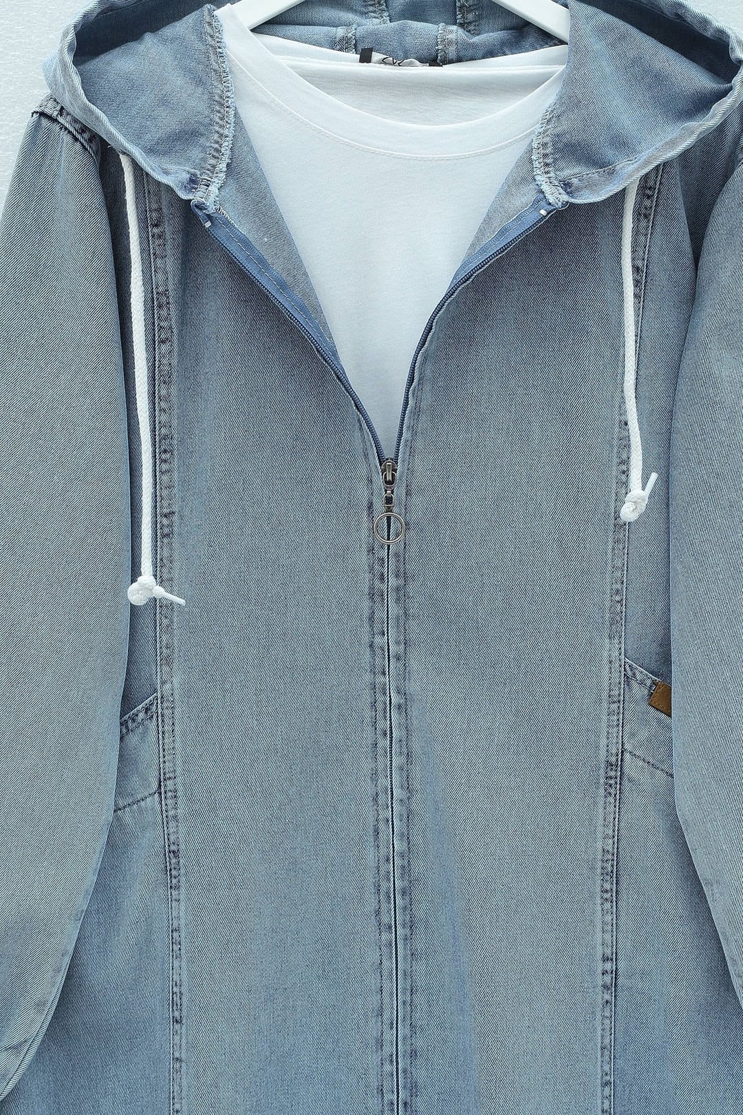 Full-Length Zip-Up Hooded Denim Jacket with Pockets - Light Blue - Podyumplus - by Peralane - photo 4