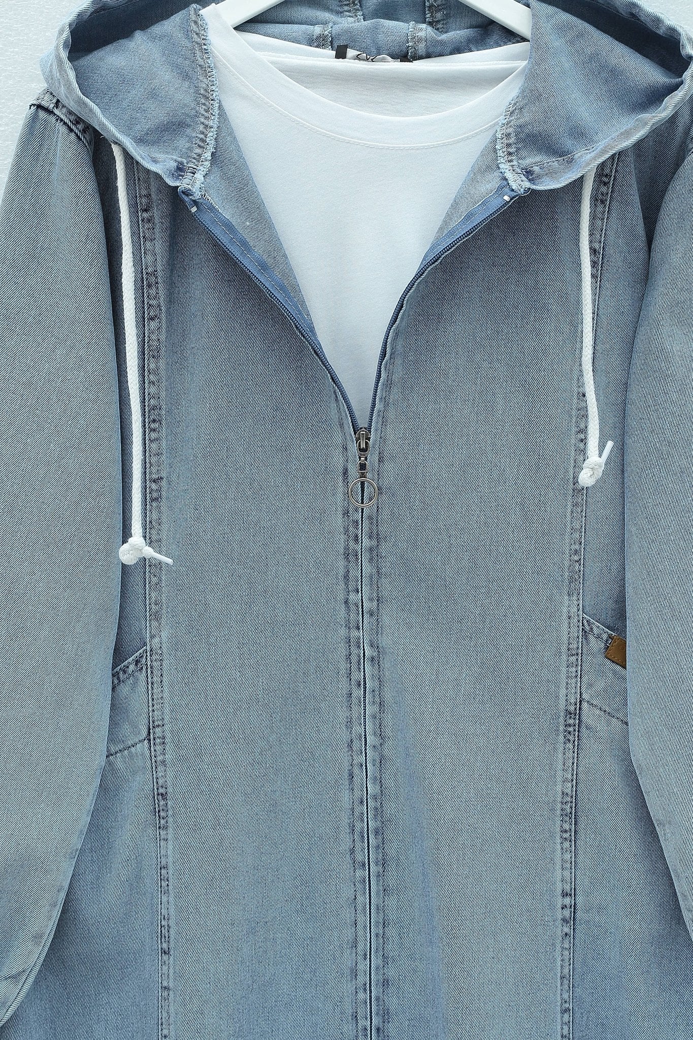 Full-Length Zipper Hooded Denim Jacket with Elasticated Cuffs and Pockets - Light Blue - Podyumplus - by Peralane - photo 4