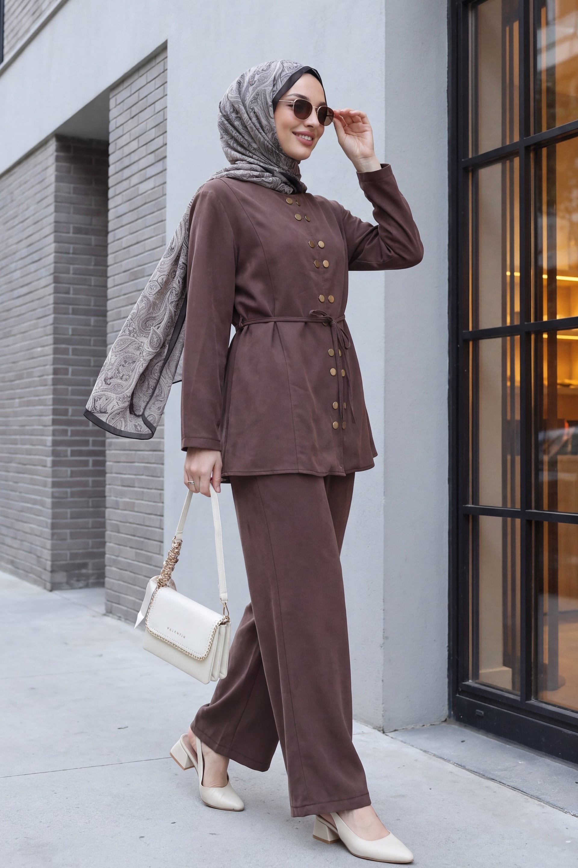 Double Snap Detail Round Neck Wide Leg Pants Modal Co-ord Set - Brown - Podyumplus - by Peralane