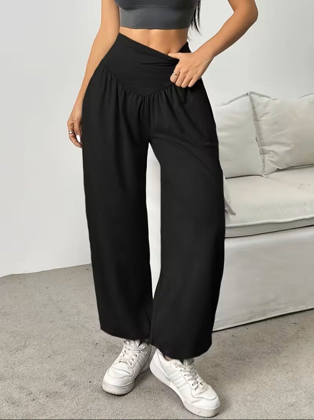 Women's High-Waist Wide-Leg Twisted Waistband Trousers in Black - Janes - by Peralane