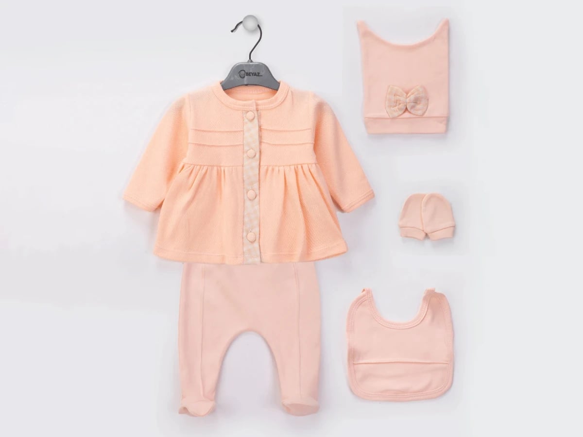 Check Pattern Button-Front Baby Girl 5-Piece Set with Footed Pants - Beyaz Bebek - by Peralane