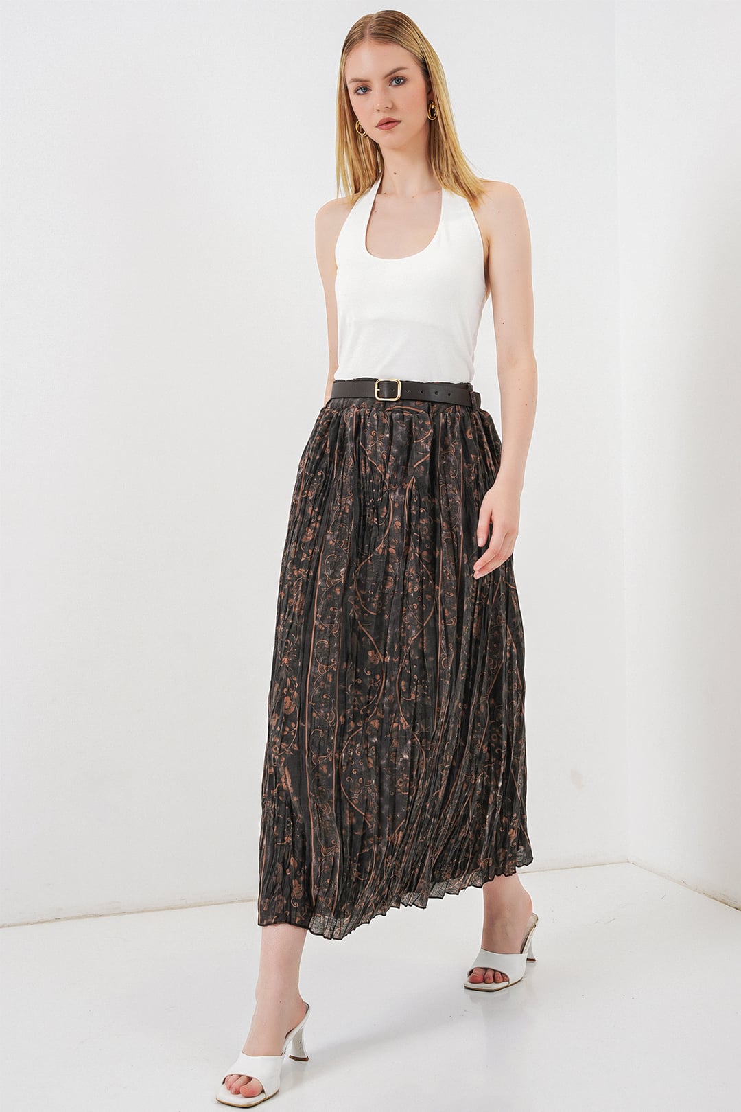 Women's Belted Patterned Skirt 8074 - Dark Grey Floral - Bigdart - by Peralane - photo 4
