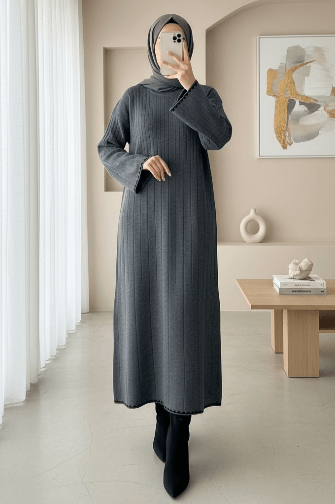 Ribbed Long Knit Dress - Grey - Podyumplus - by Peralane