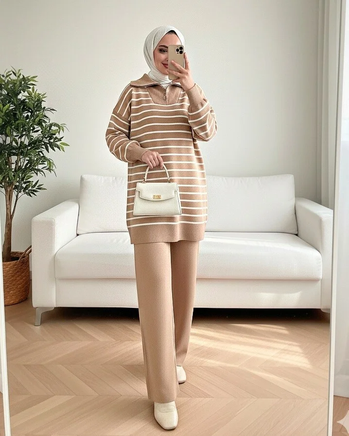 Striped Knit Tunic and Trousers Set with Turtleneck and Zip - Mink - Podyumplus - by Peralane - photo 2