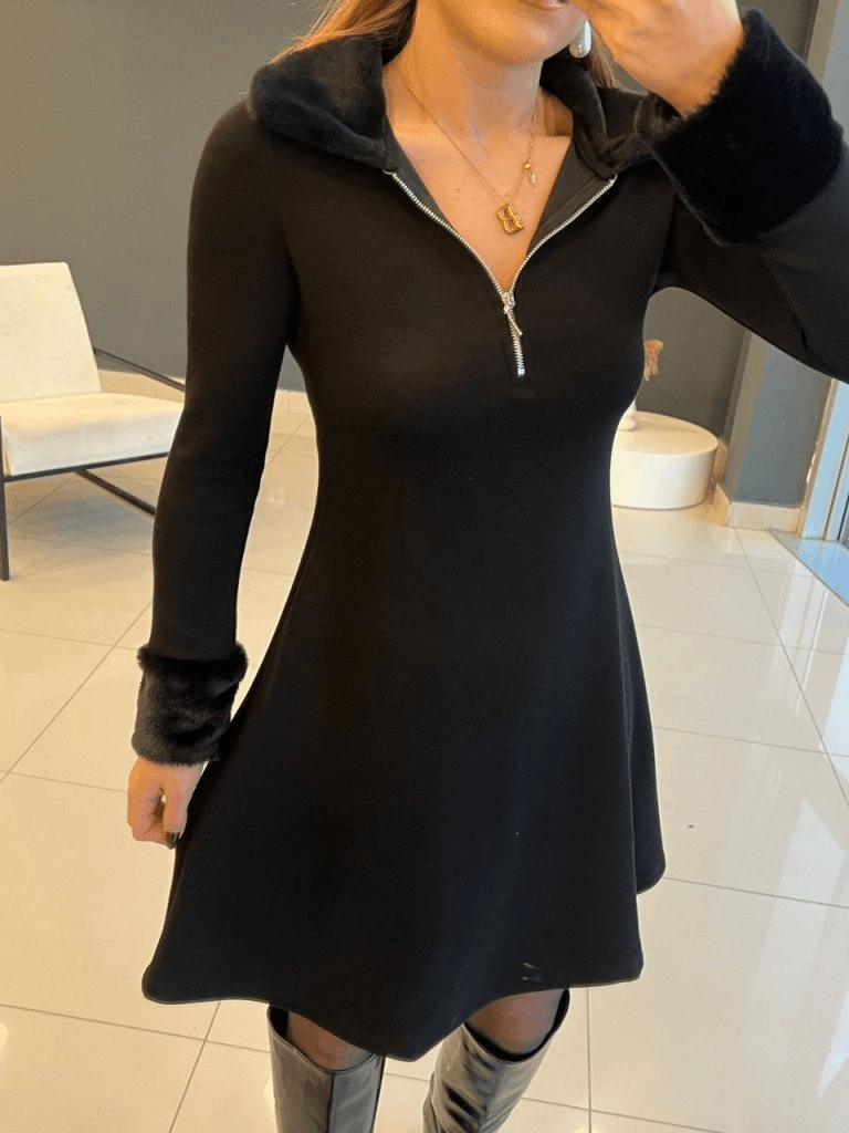 Women's Long Sleeve Faux Fur Collar Zip-Up Short Dress - Black - Janes - by Peralane - photo 2