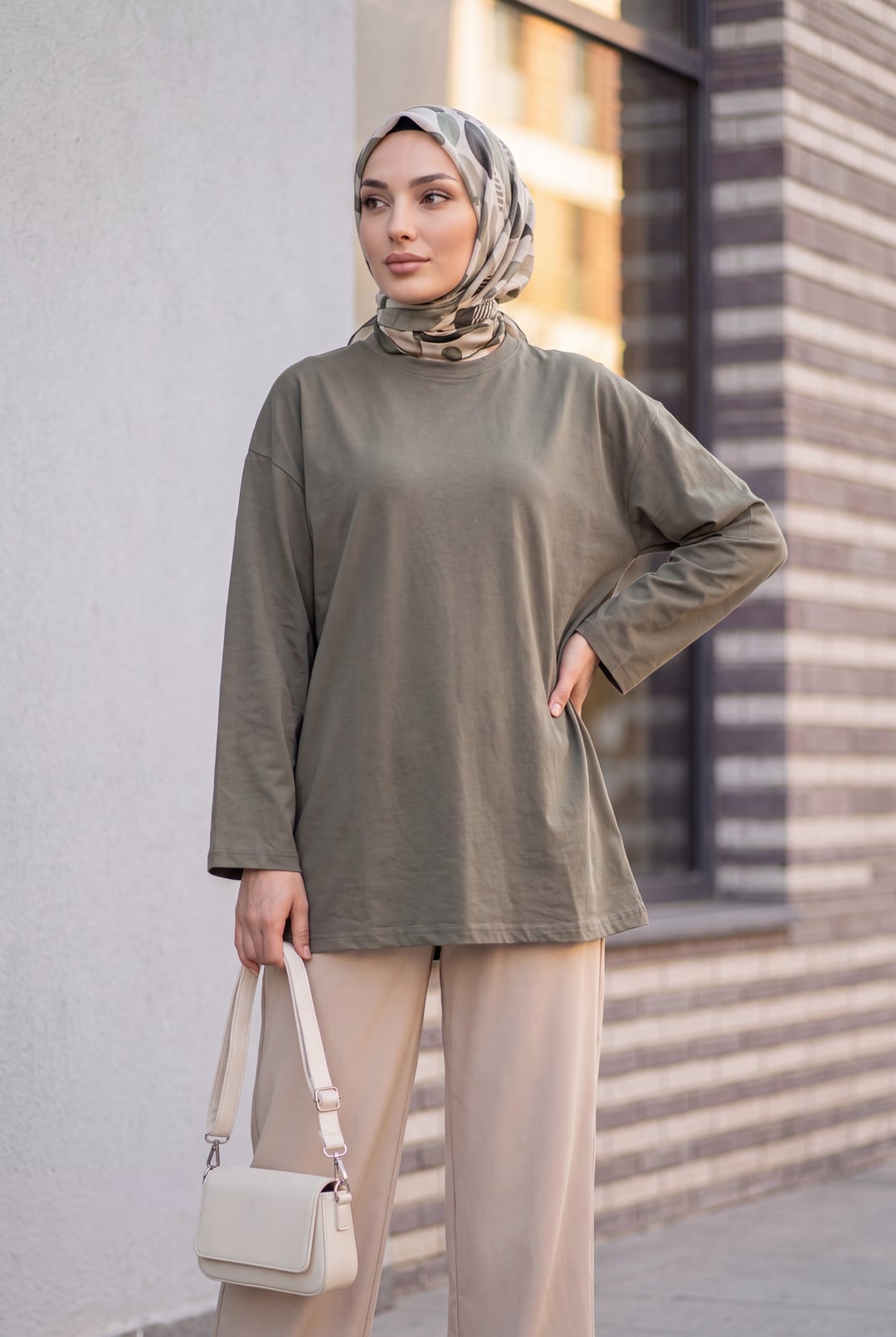 Round Neck Oversized Jersey Tunic in Olive Green - Podyumplus - by Peralane - photo 6