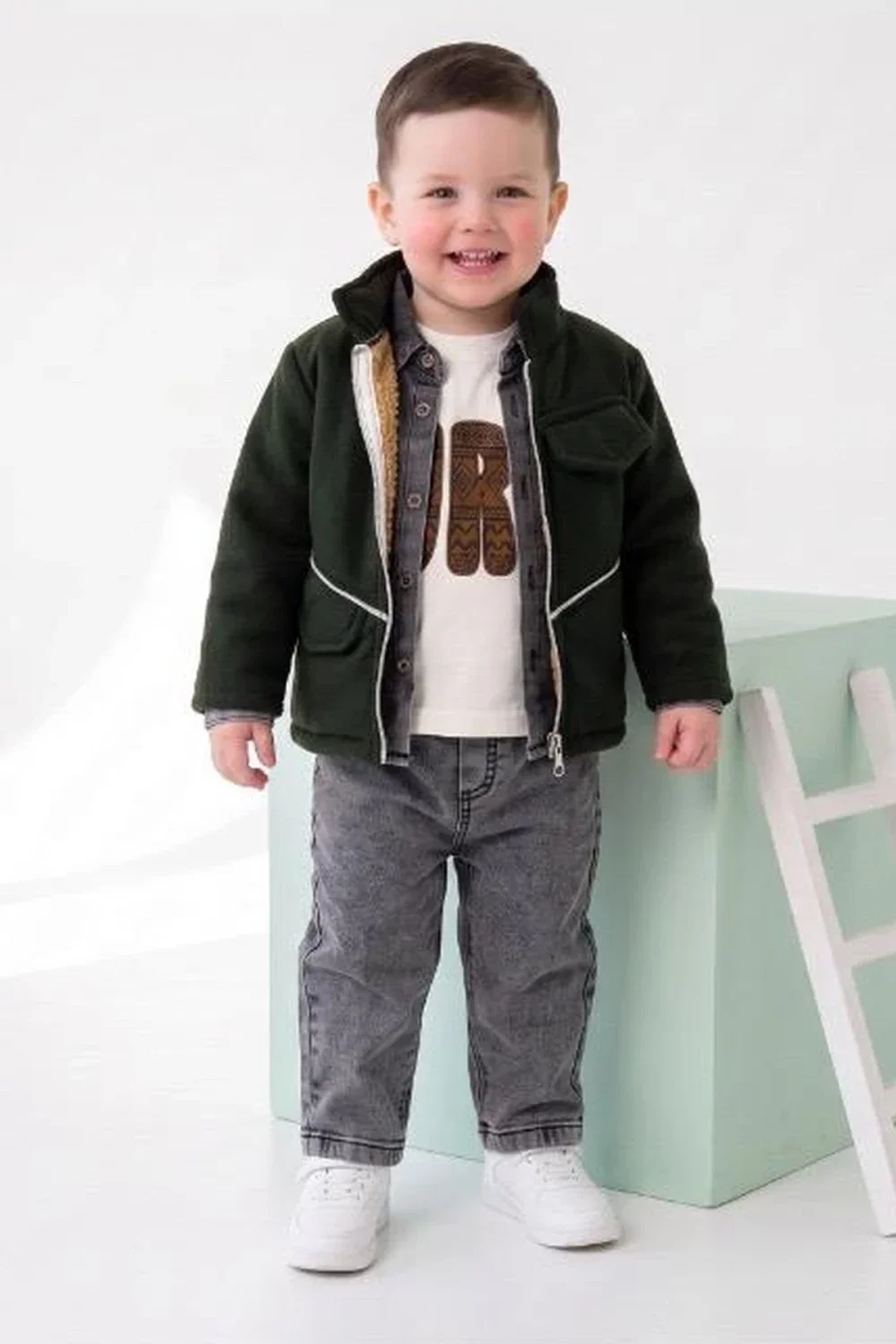 Boys' 3-Piece Set with Sherpa-Lined Jacket - Dark Green - Has Bereket - by Peralane