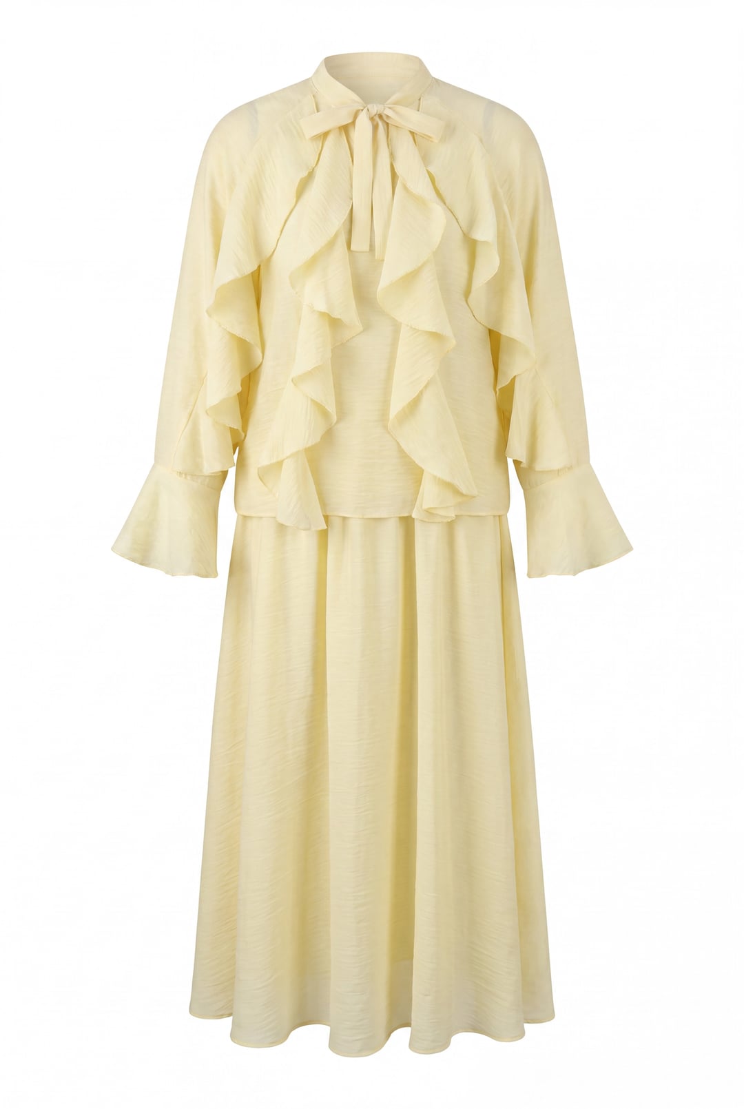 Pale Yellow Tie-Neck Ruffle Trimmed Lined Tulle Modal Two-Piece Set - Podyumplus - by Peralane - photo 5