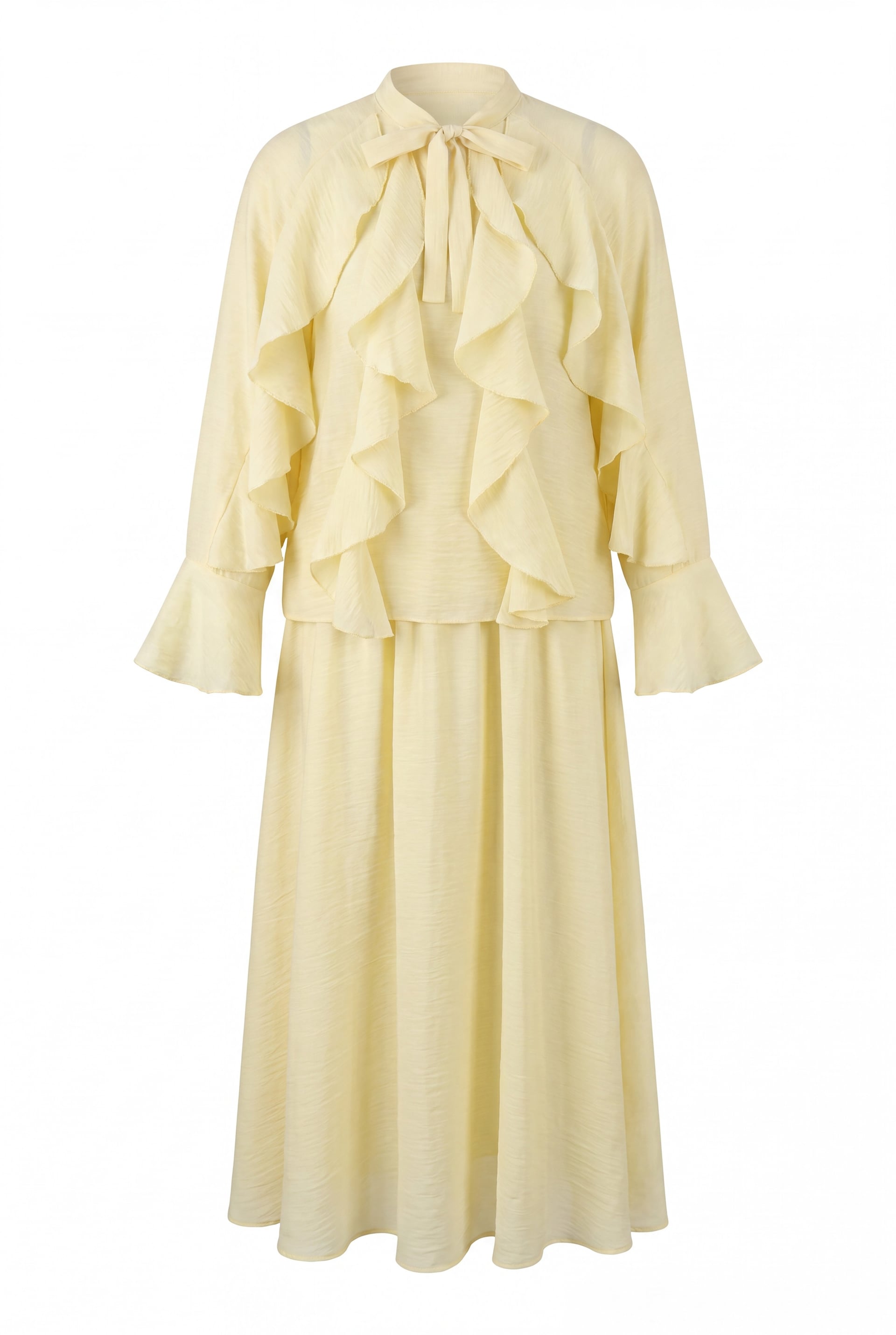 Pale Yellow Tie-Neck Ruffle Trimmed Lined Tulle Modal Two-Piece Set - Podyumplus - by Peralane - photo 5