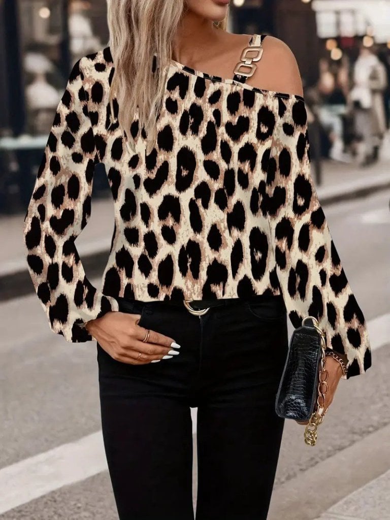 Women's One-Shoulder Long-Sleeve Leopard Print Modal Blouse with Chain Detail - Janes - by Peralane - photo 4