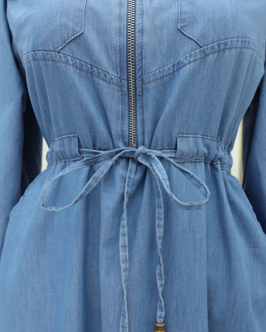 Tunnel Drawstring Half-Zip Pocket Denim Dress - Blue - Podyumplus - by Peralane - photo 8