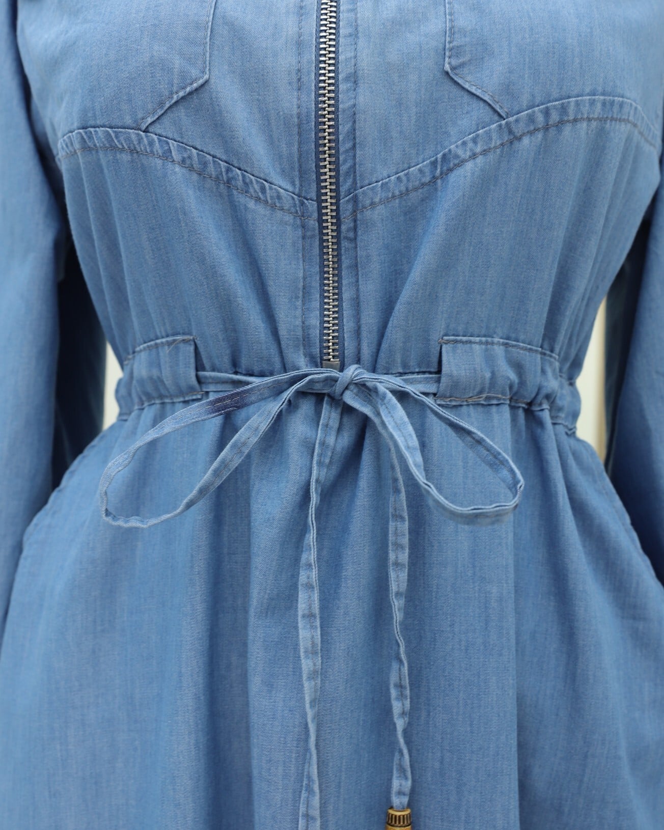 Tunnel Drawstring Half-Zip Pocket Denim Dress - Blue - Podyumplus - by Peralane - photo 8