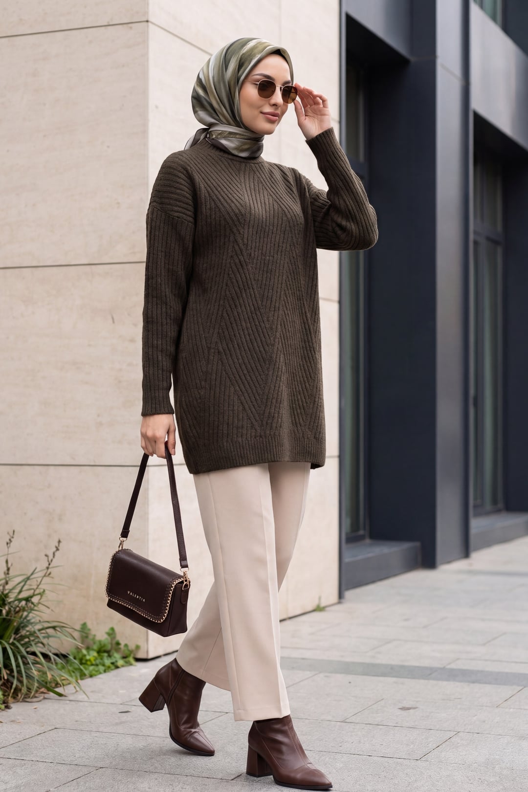 Brown Ribbed Knit Tunic with Diamond Pattern - Podyumplus - by Peralane - photo 4