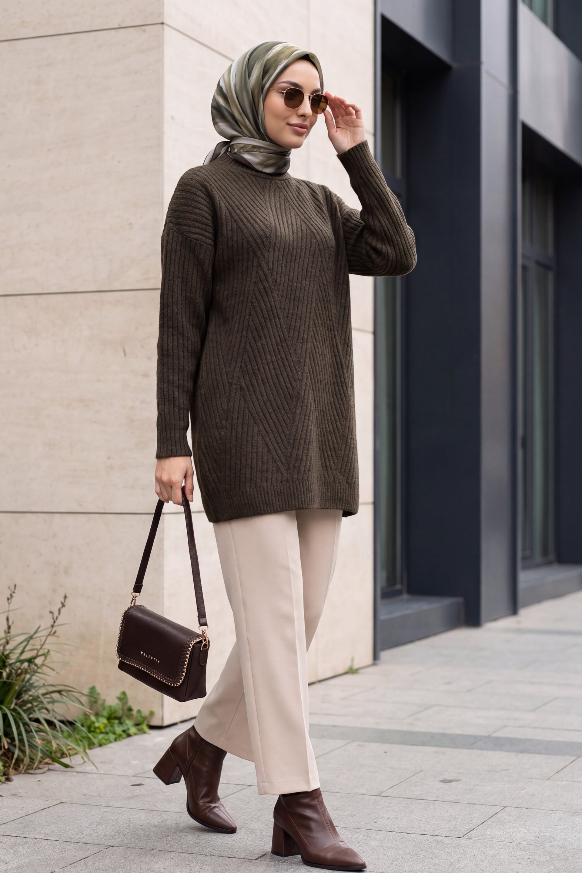 Women's Brown Ribbed Knit Chevron Tunic - Podyumplus - by Peralane - photo 4