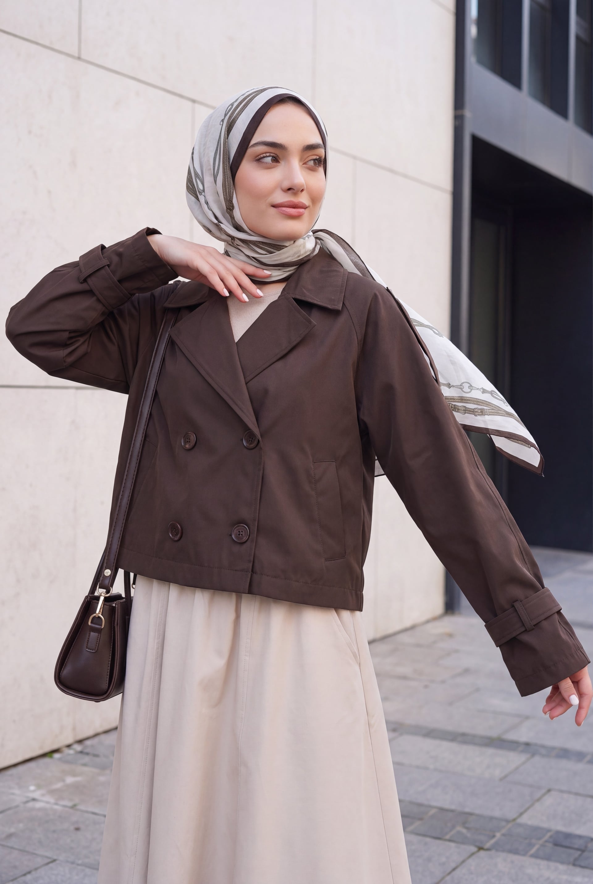 Women's Belted Short Trench Coat with Tie Belt - Light Brown - Bigdart - by Peralane - photo 5