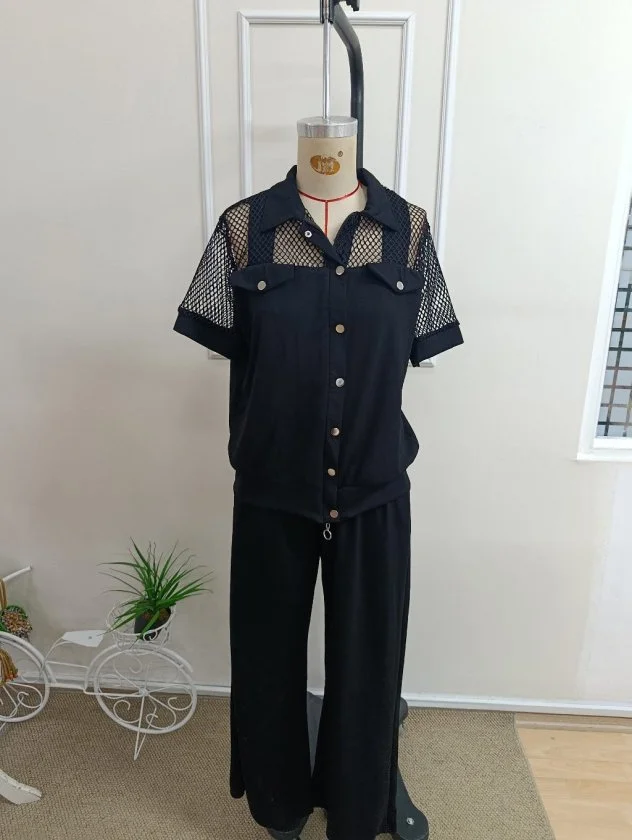 Women's Short Sleeve Collared Button Front Mesh Detail Modal Jacket and Wide Leg Trousers Set in Black - Janes - by Peralane - photo 5