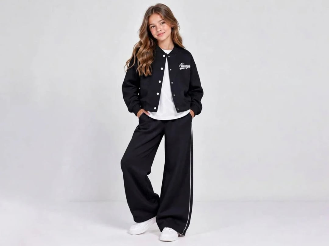 Girls' Printed Bomber Jacket and Wide-Leg Trouser Set - ÖZ Bebe - by Peralane