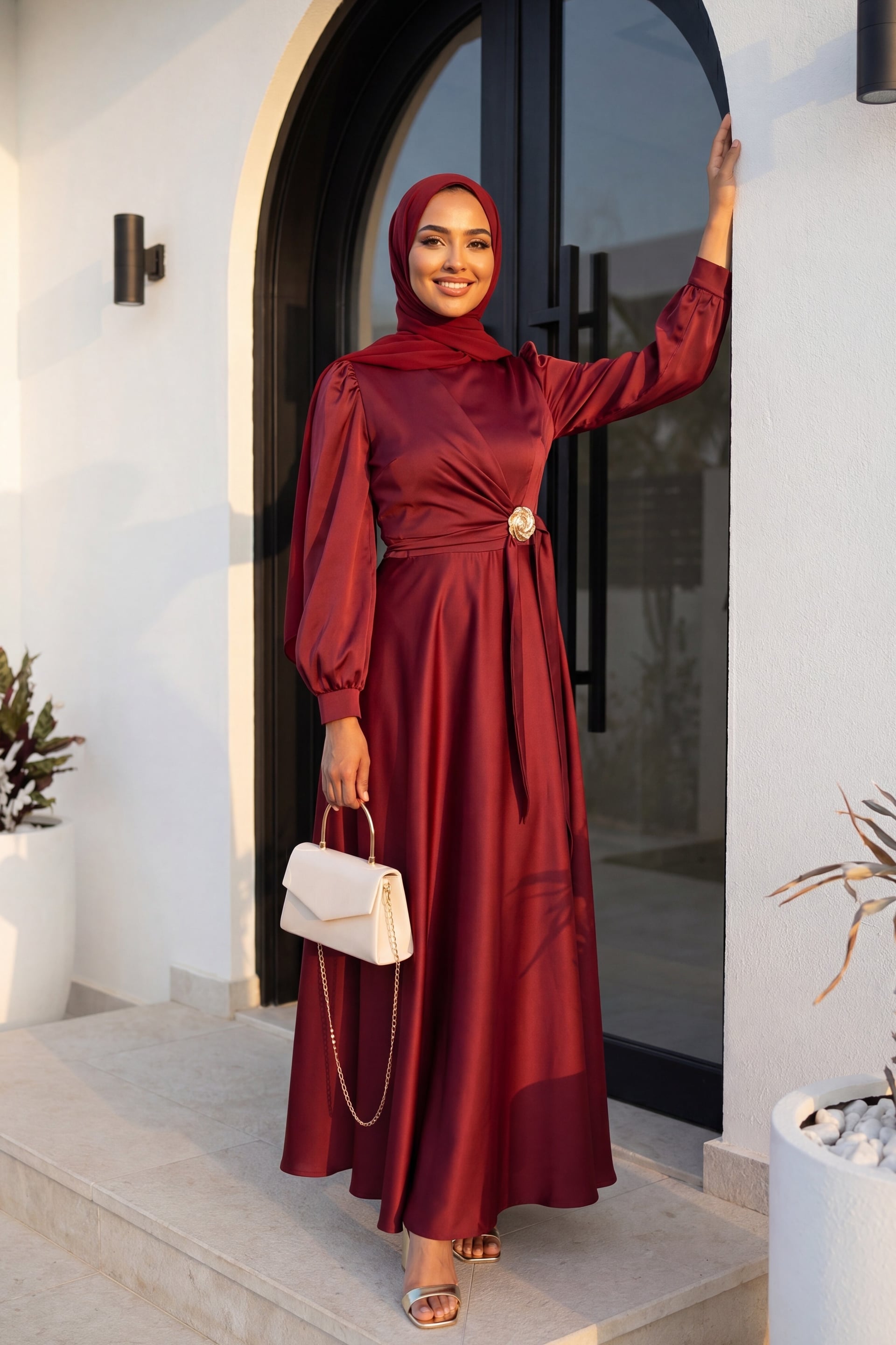 Women's Side Lace-Up Belted Satin Evening Dress - Burgundy - Podyumplus - by Peralane