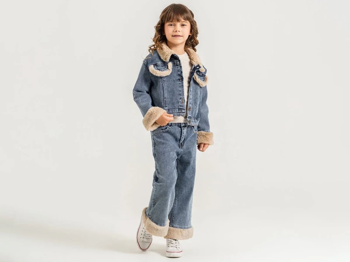Girls' Denim Jacket and Trousers Set with Faux Fur Trim - Pampal Kids - by Peralane