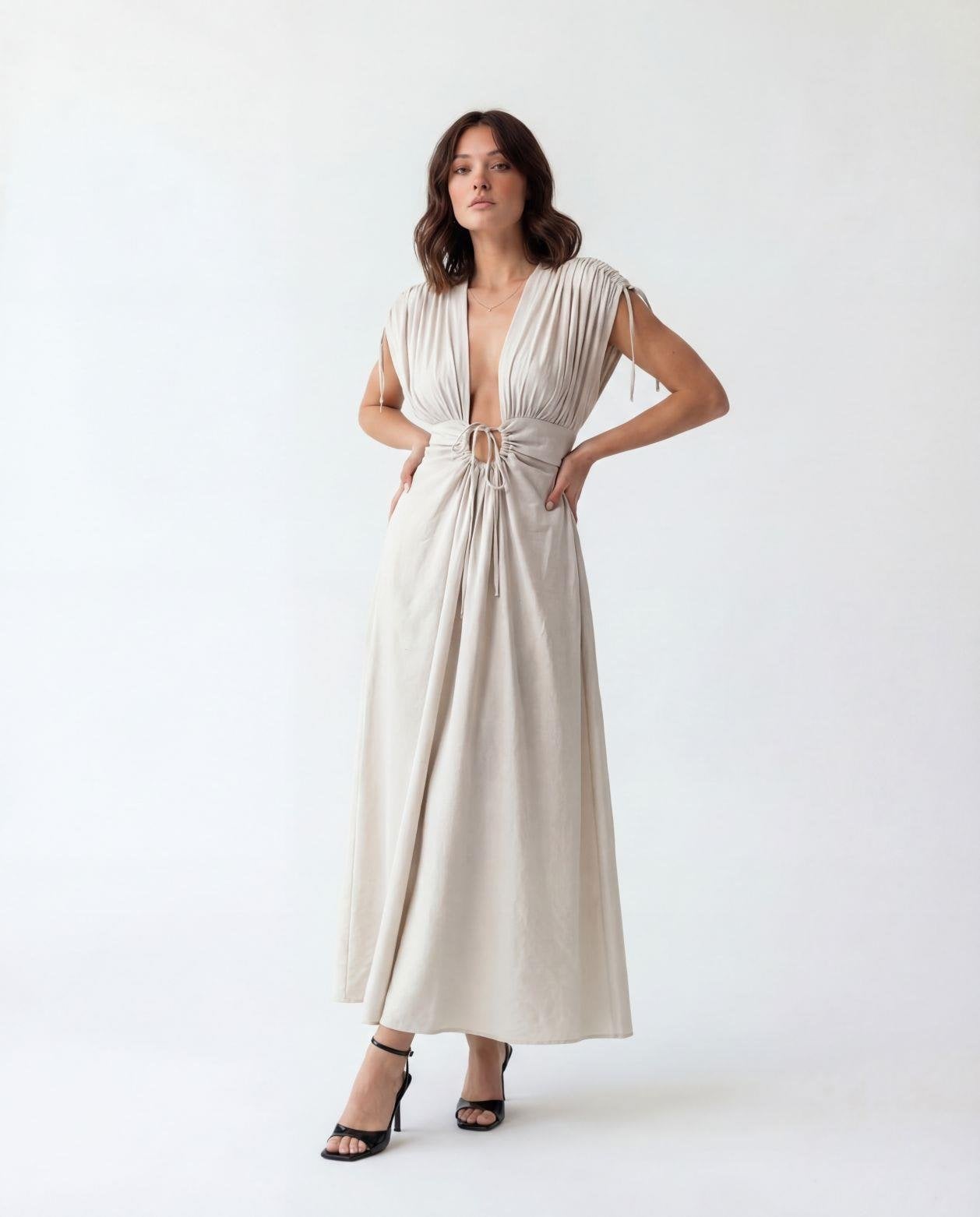 Women's Solid Ecru Modal Dress with V-Neck and Drawstring Waist - Fame - by Peralane