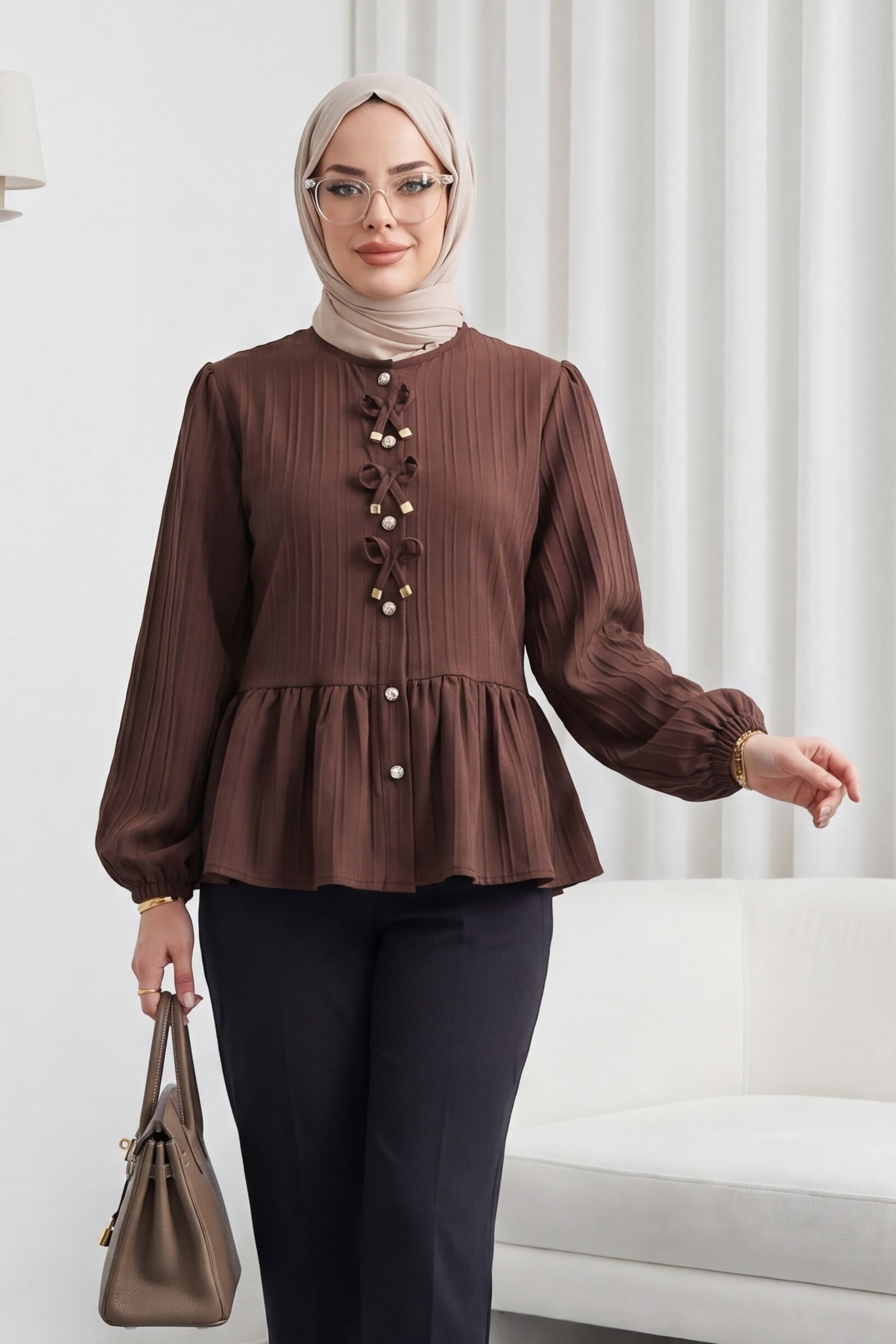 Dark Brown Bow Detail Buttoned Blouse with Ribbed Knit - Podyumplus - by Peralane - photo 3