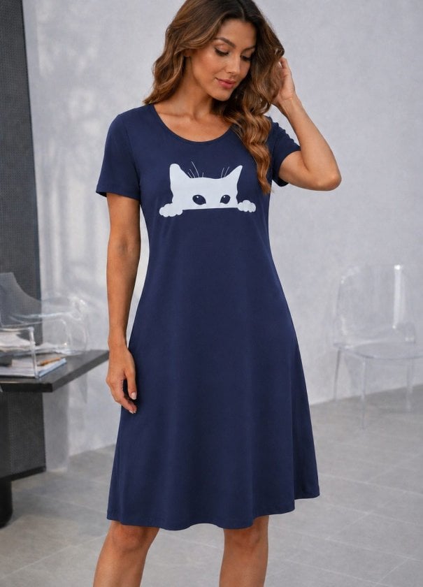 Women's Navy Blue Short Sleeve Cat Print Viscose Knee-Length Night Dress - Janes - by Peralane - photo 2