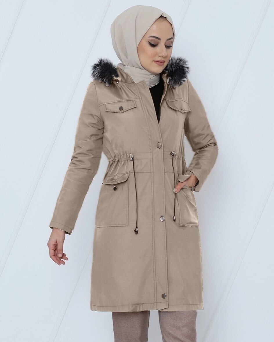 Stone Colored Drawstring Hooded Bondit Short Coat - Podyumplus - by Peralane - photo 3