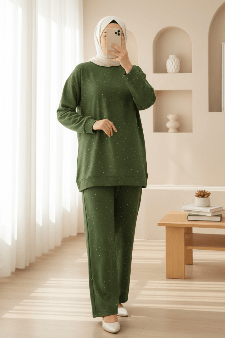 Women's Modest Loungewear Set with Stone Detail - Dark Green - Podyumplus - by Peralane