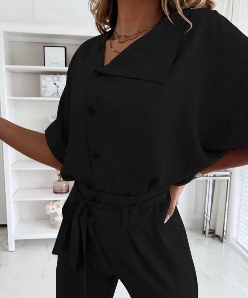 Women's Short-Sleeved Collared Button-Front Crinkled Blouse and Trousers Two-Piece Set - Janes - by Peralane - photo 3