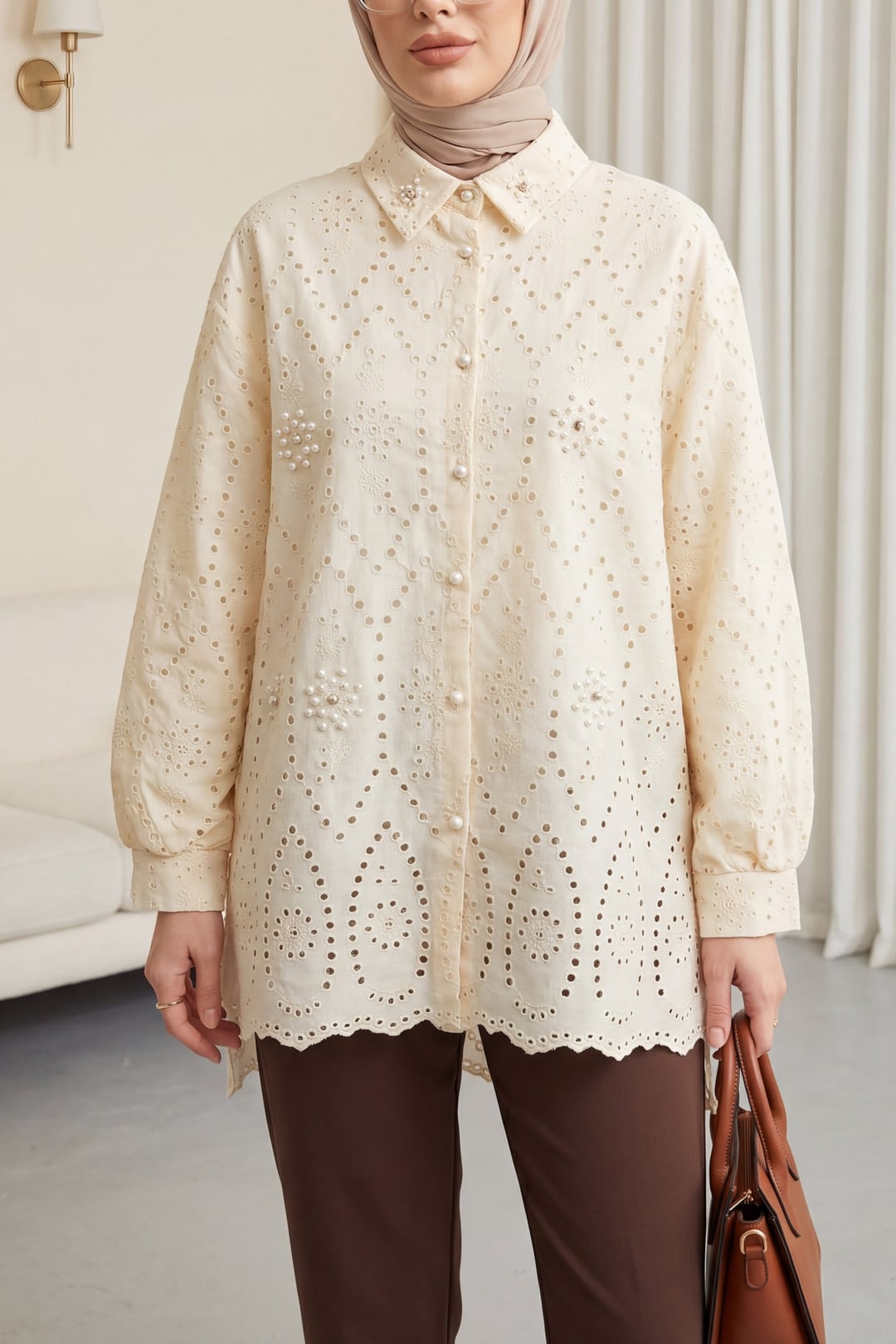 Pearl Detail Lined Scalloped Long Back Tunic - Beige - Podyumplus - by Peralane