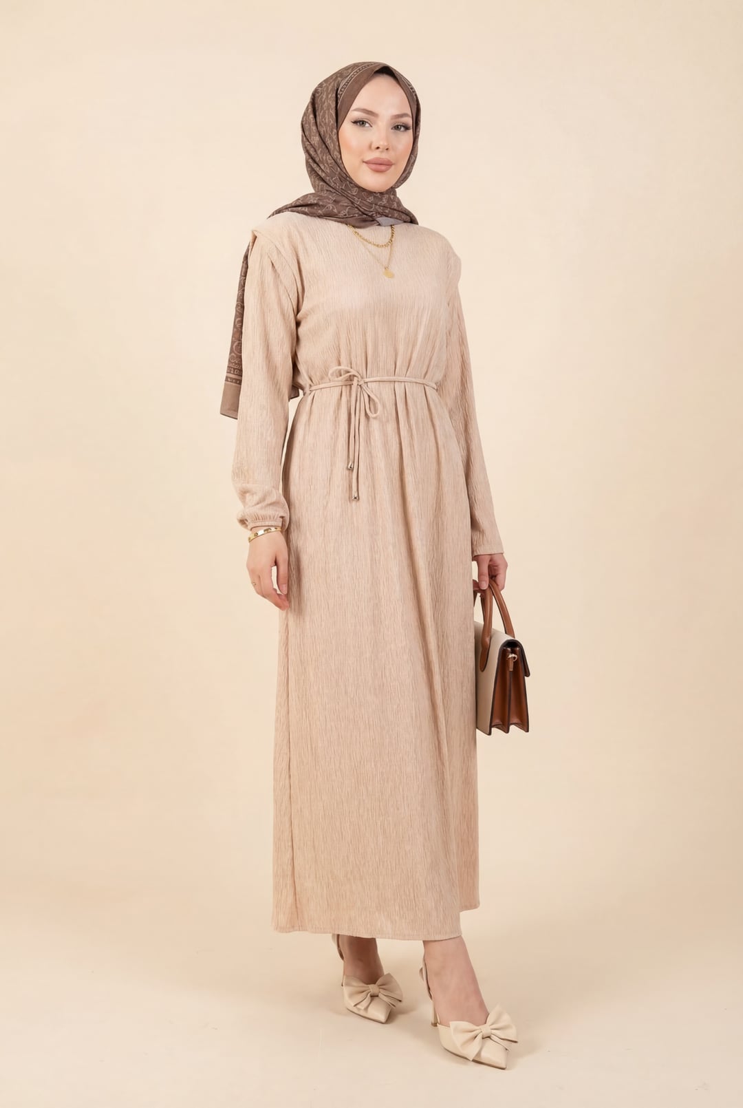 Beige Textured Long-Sleeve Dress with Drawstring Waist - Podyumplus - by Peralane - photo 3