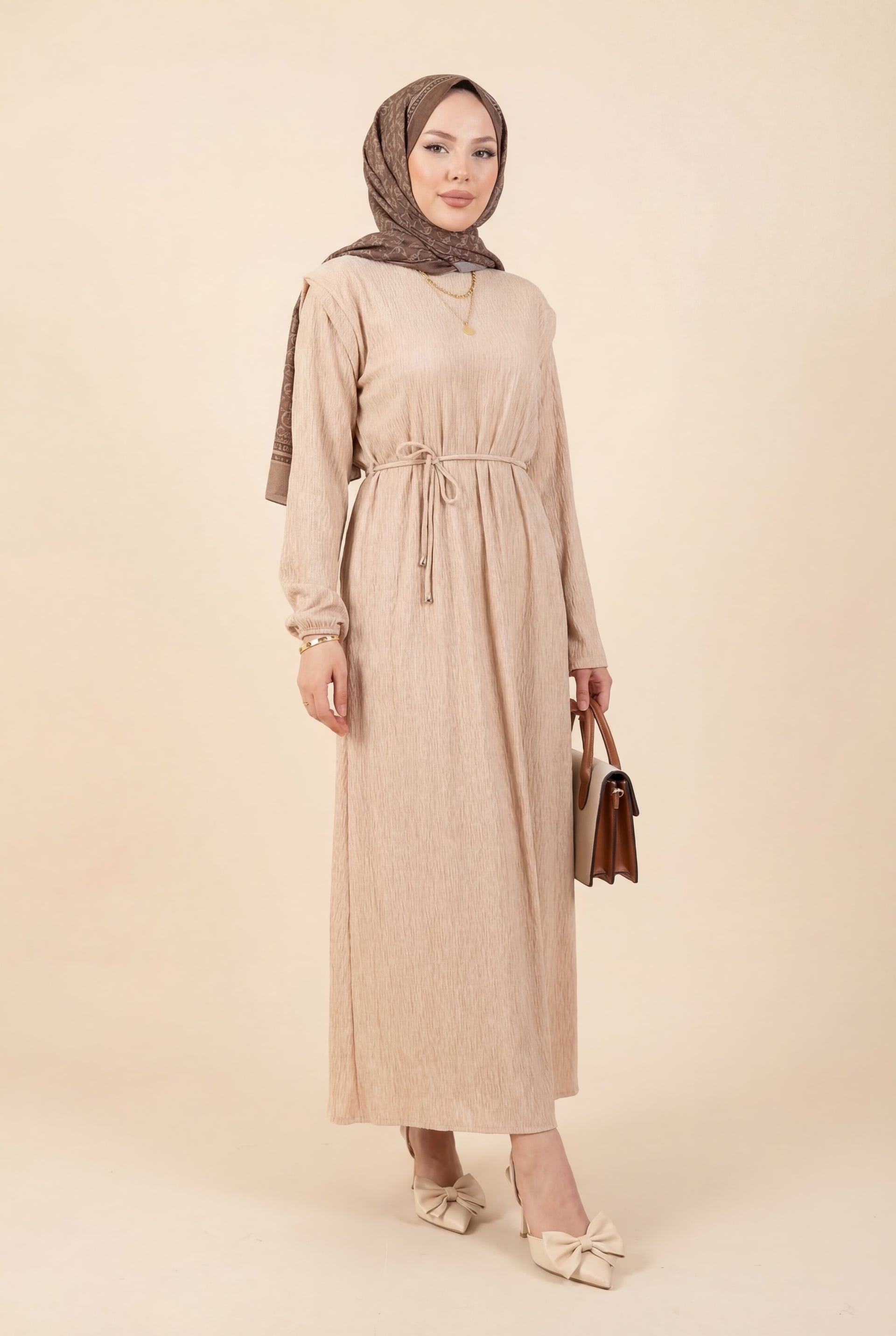 Beige Textured Long-Sleeve Dress with Drawstring Waist - Podyumplus - by Peralane - photo 3