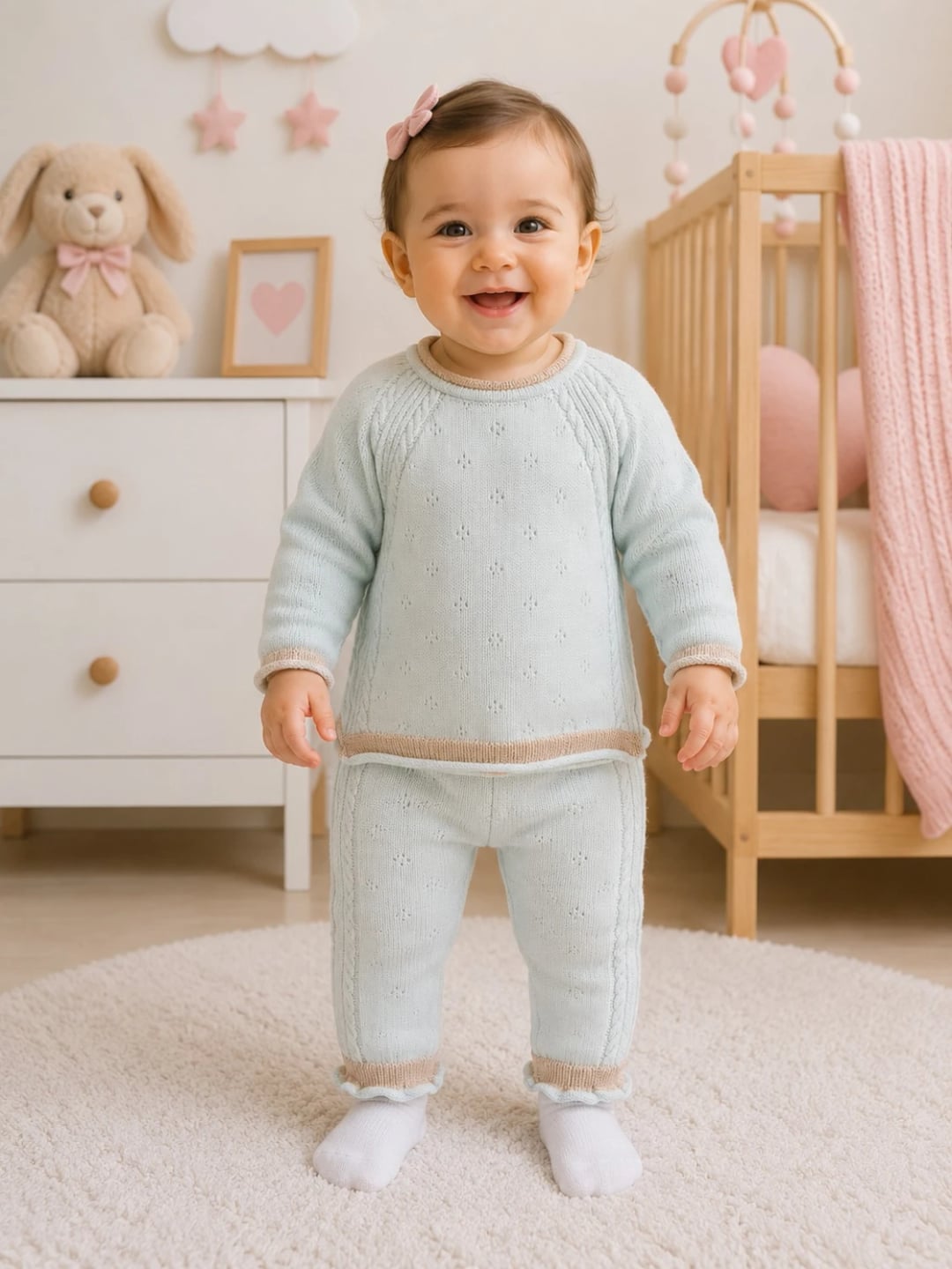 Knitted Baby Set - Pale Blue with Beige Trim - Has Bereket - by Peralane