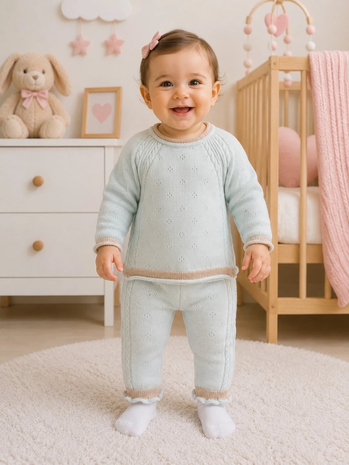 Knitted Baby Set - Pale Blue with Beige Trim - Has Bereket - by Peralane