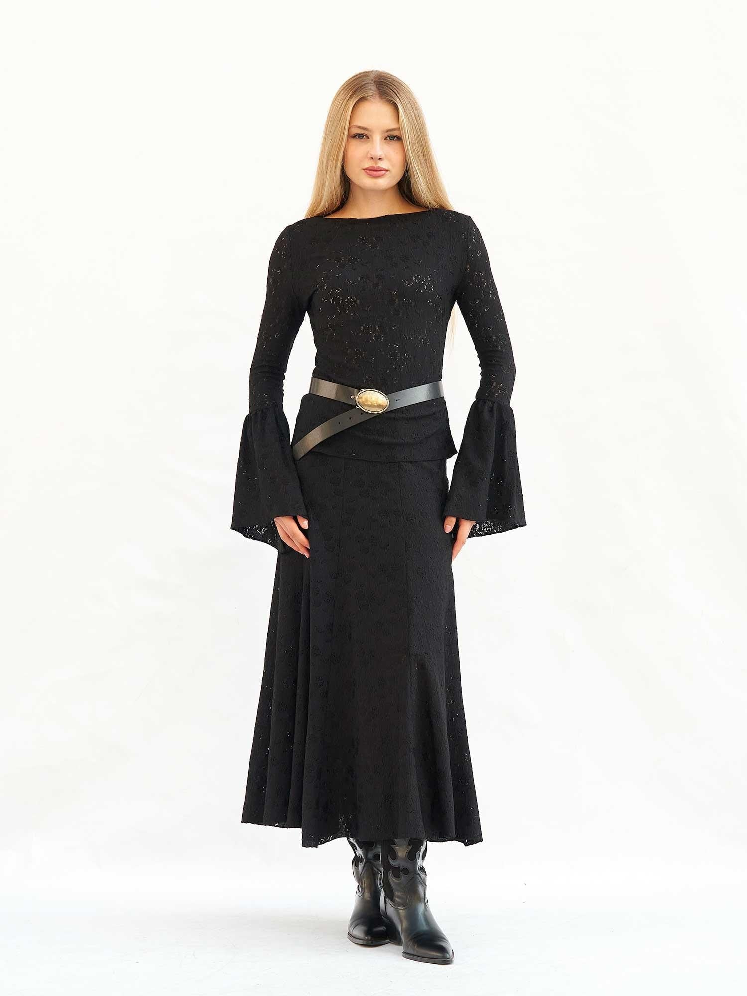 Black Lace Textured Blouse and Maxi Skirt Set with Belt - Lefon - by Peralane