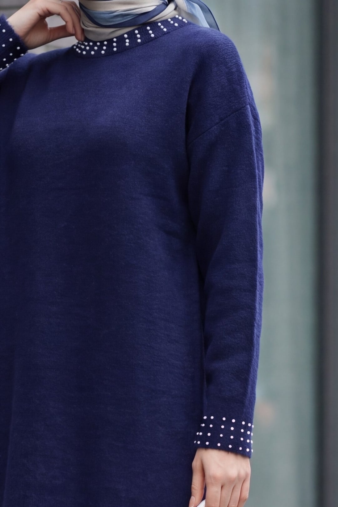 Navy Blue Knit Tunic with Pearl Trim - Podyumplus - by Peralane - photo 7