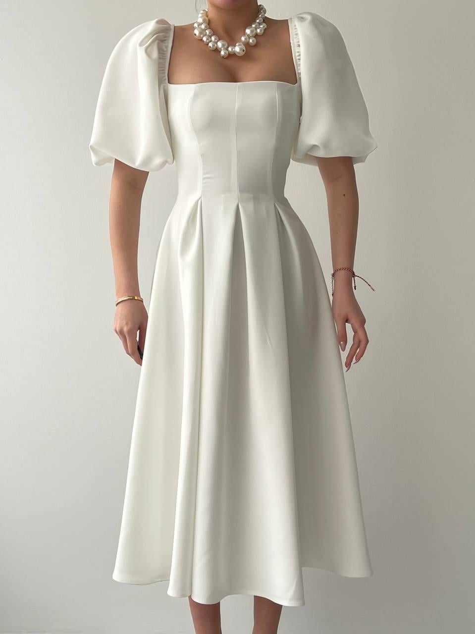 Poplin Midi Dress with Square Neck and Puff Sleeves - Ecru - Etika - by Peralane - photo 2