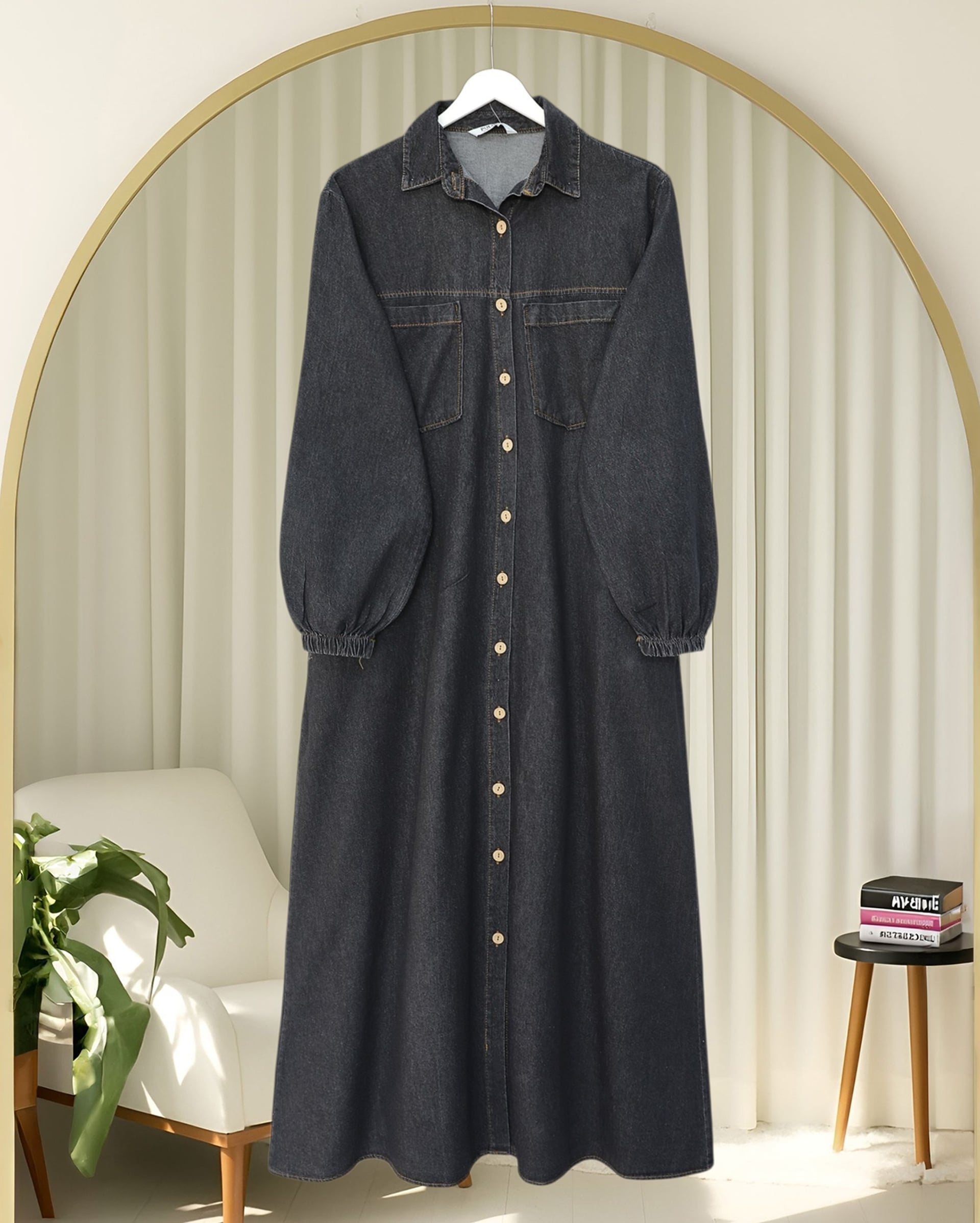 Full-Length Buttoned Denim Dress with Elastic Cuffs and Pockets - Anthracite - Podyumplus - by Peralane - photo 3