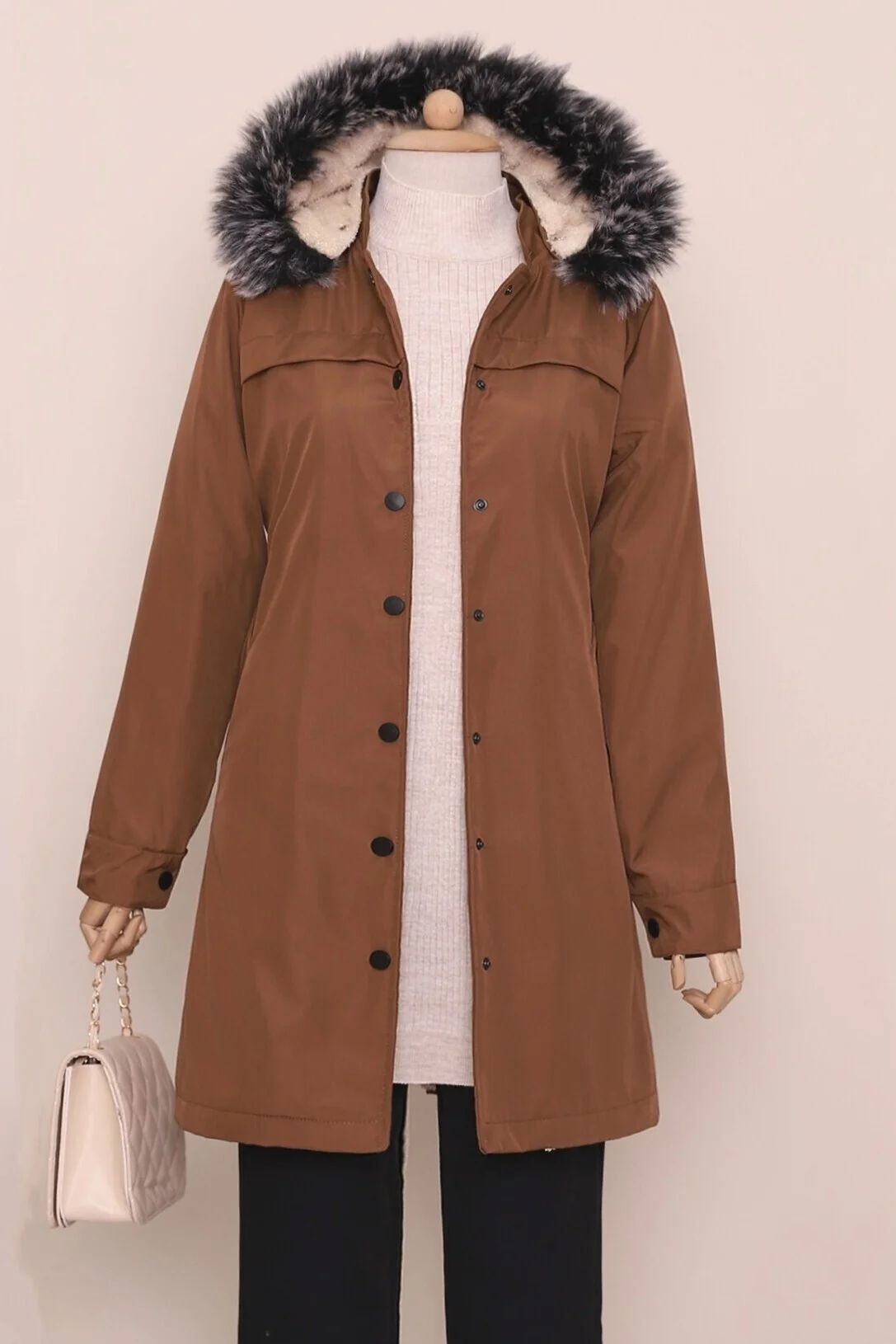 Women's Zip-Up Hooded Coat with Faux Fur Trim - Tan - Podyumplus - by Peralane - photo 3