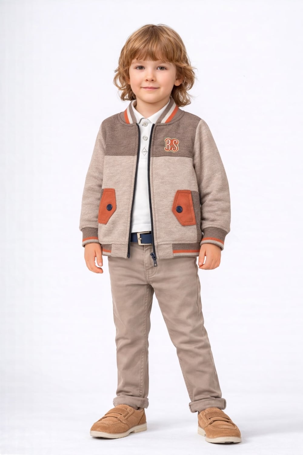 Boys' Color-Block Zip-Up Jacket and Suit Set in Beige - Has Bereket - by Peralane