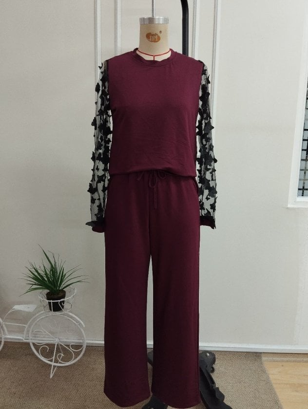 Women's Long-Sleeve Crew Neck Tulle Sleeve Viscose Two-Thread Blouse and Trousers Two-Piece Set - Janes - by Peralane - photo 4