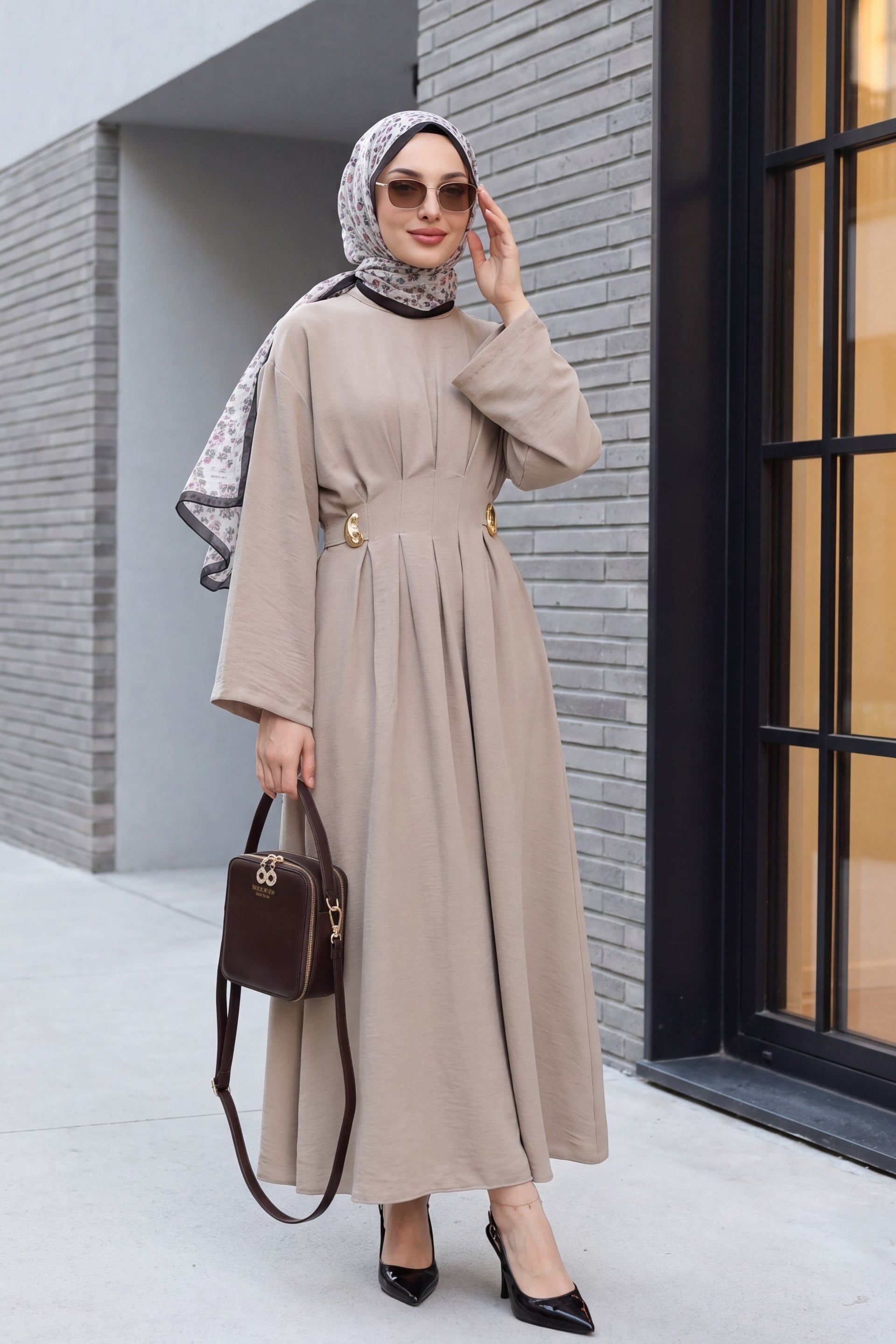 Pleated Waist Belted Buckle Detail Modal Dress - Mink - Podyumplus - by Peralane