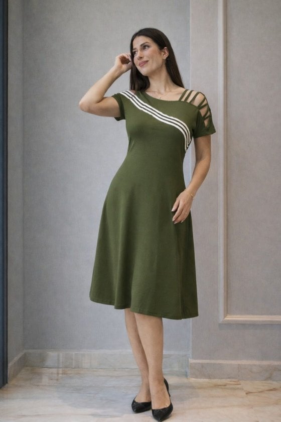 Women's Short Sleeve Striped Detail Midi Viscose Dress - Olive Green - Janes - by Peralane - photo 4
