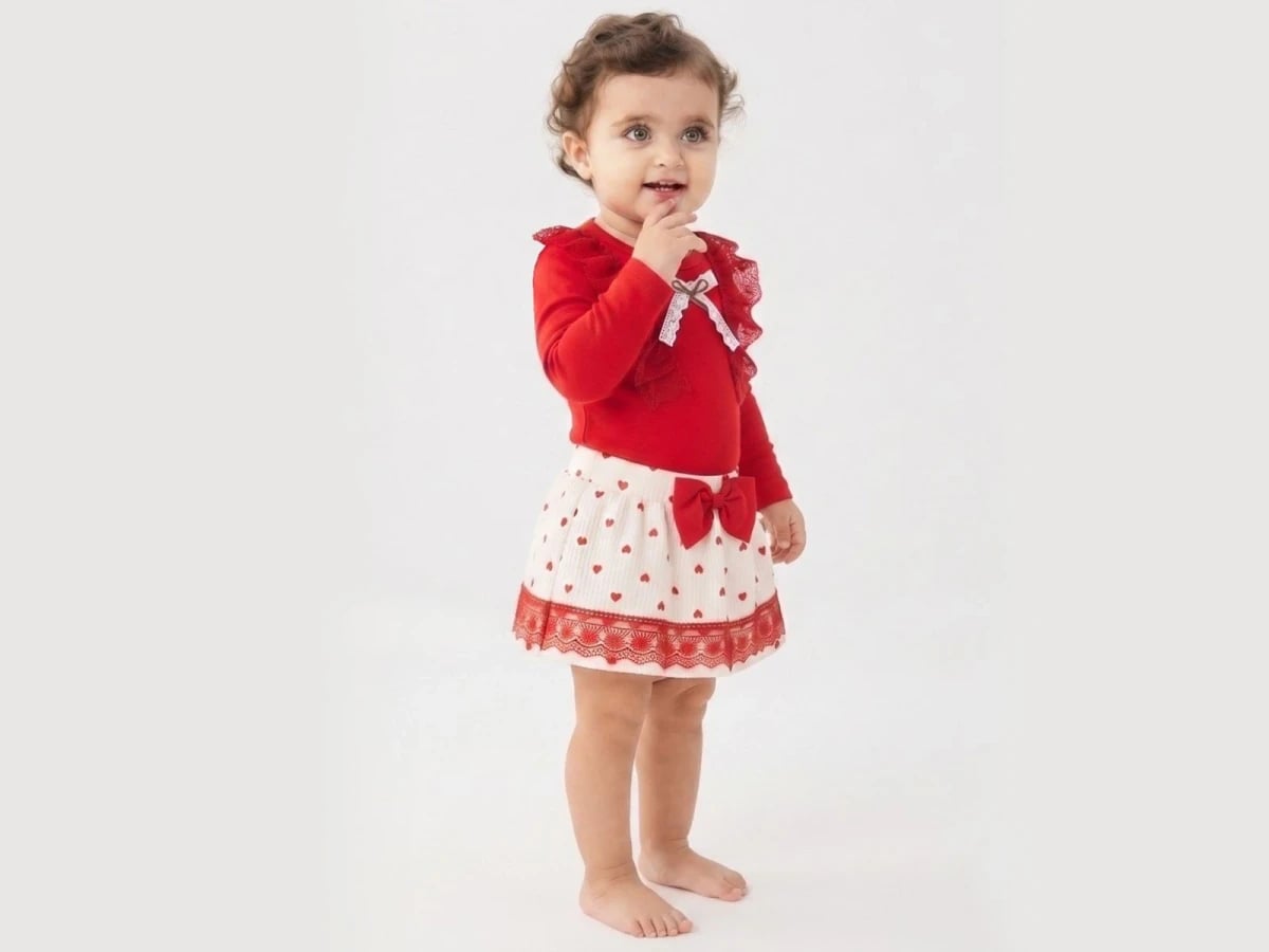Baby Girl Lace Trim Bow Bodysuit and Skirt Set - Red - Cayzen - by Peralane