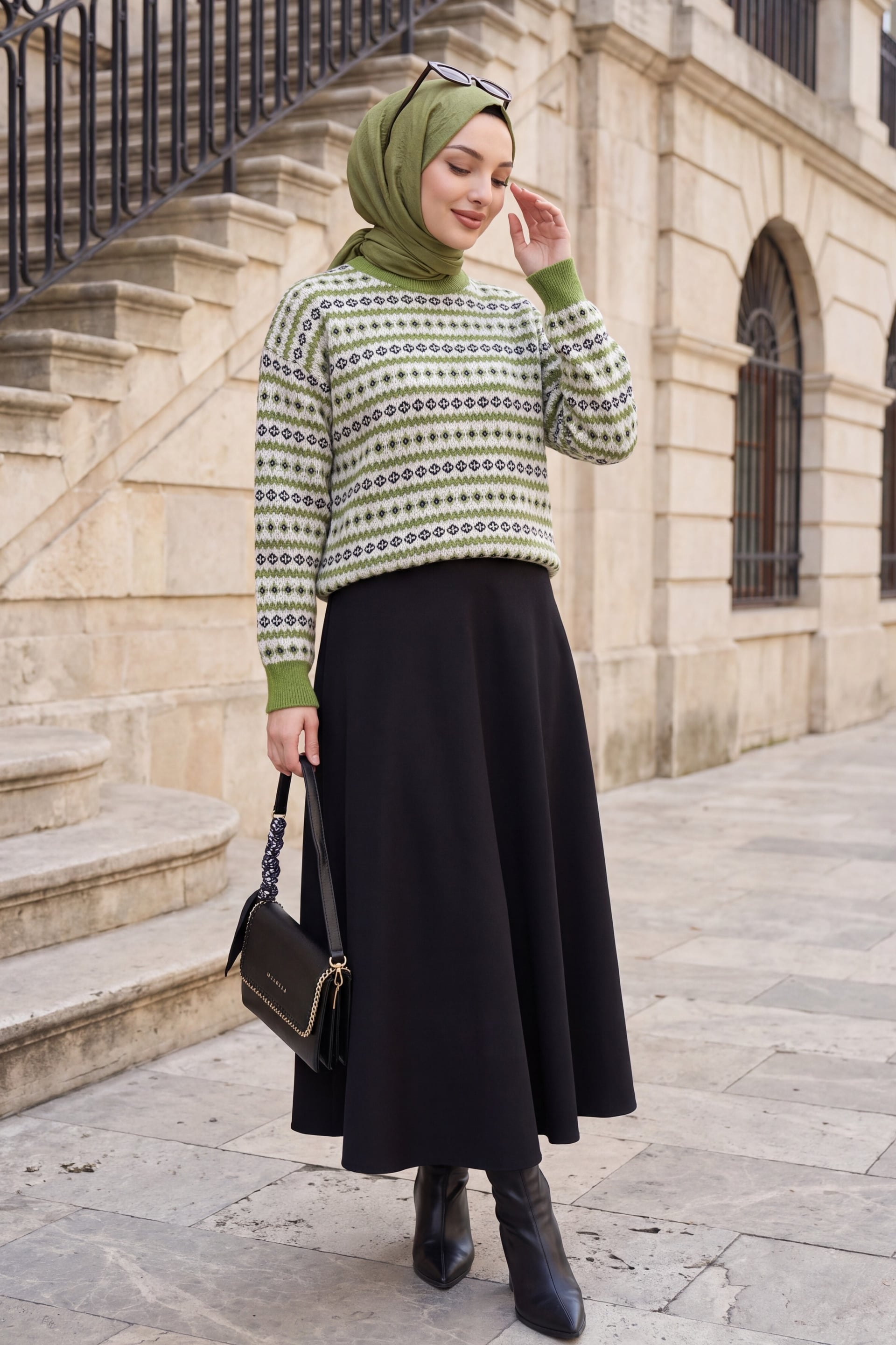 Crew Neck Patterned Jacquard Knit Sweater - Pistachio Green - Podyumplus - by Peralane - photo 4