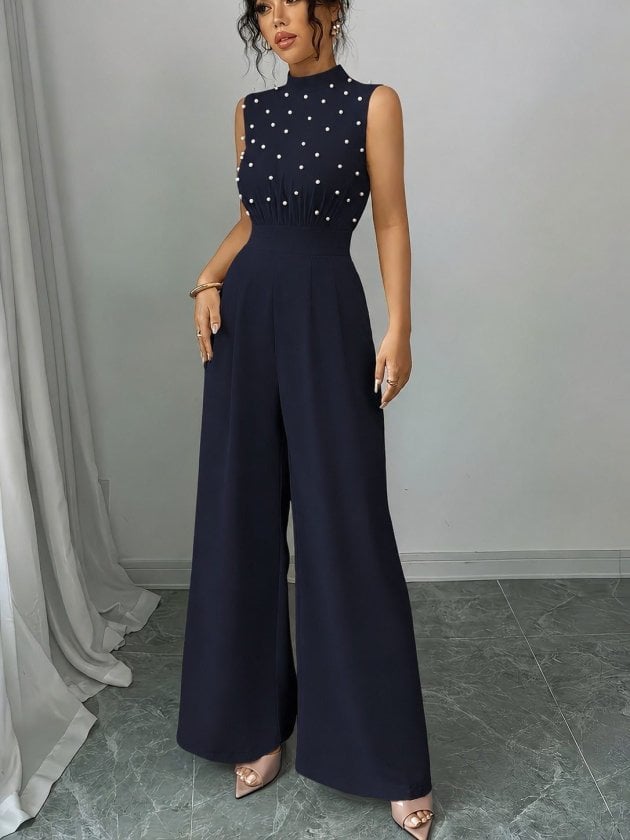 Women's Navy Blue Sleeveless Pearl-Embellished Wide-Leg Jumpsuit - Janes - by Peralane