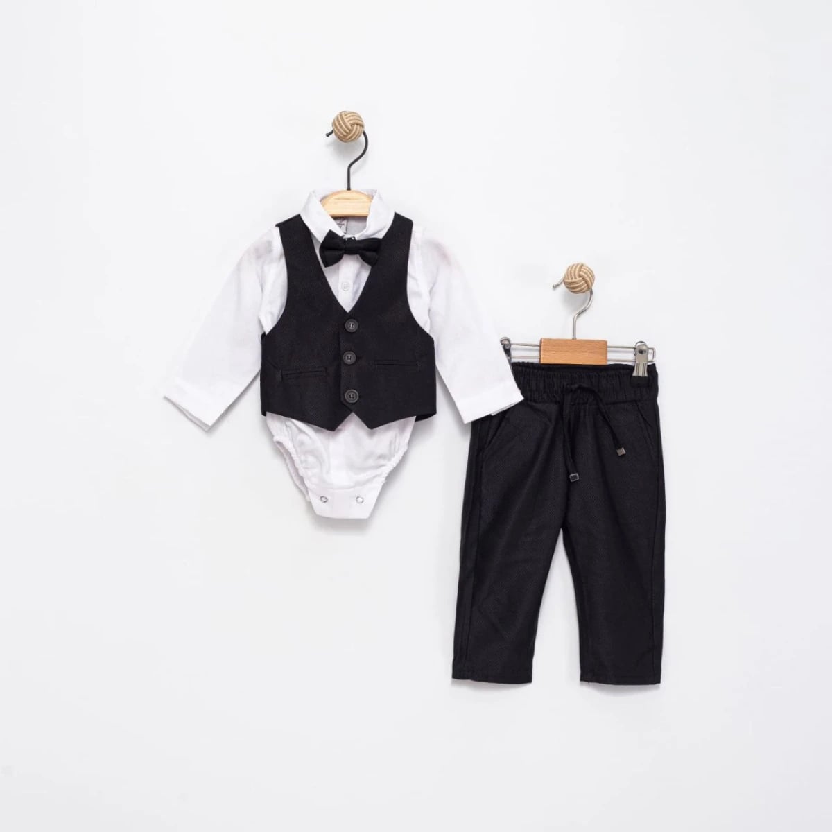 Baby Boy Formal Suit Set with Vest, Bowtie, and Trousers - Black - Terry - by Peralane