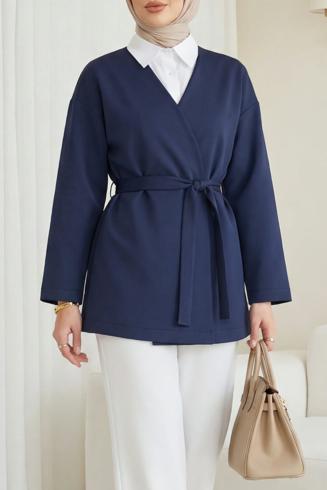 Navy Blue Scuba Kimono with Self-Tie Belt - Podyumplus - by Peralane