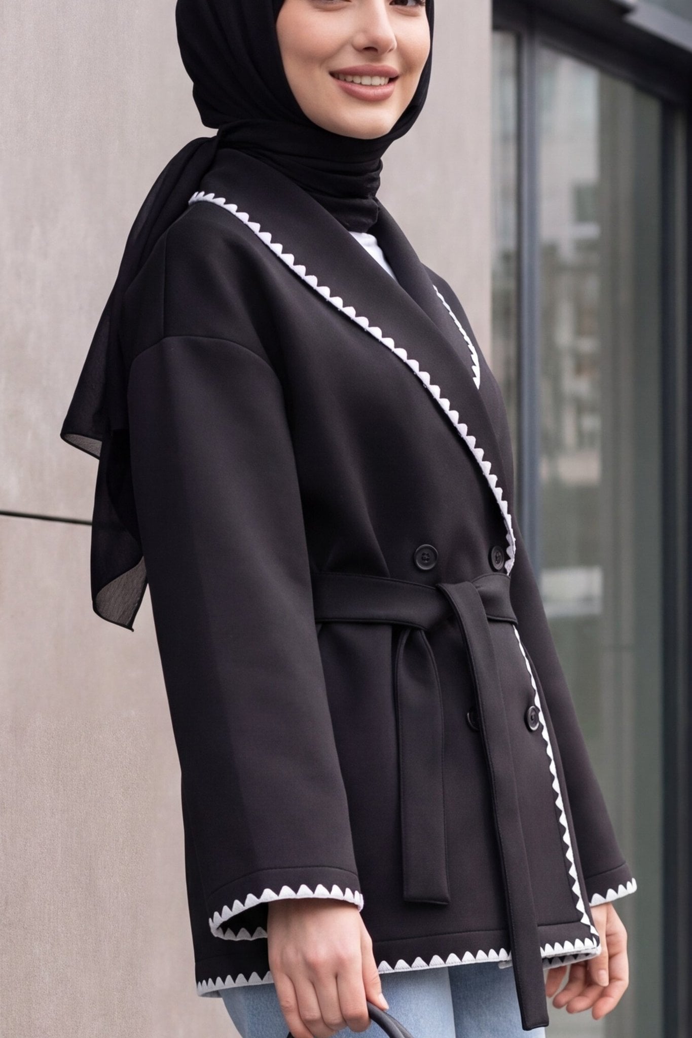 Black Scuba Jacket with Belt and Zigzag Trim - Podyumplus - by Peralane - photo 4