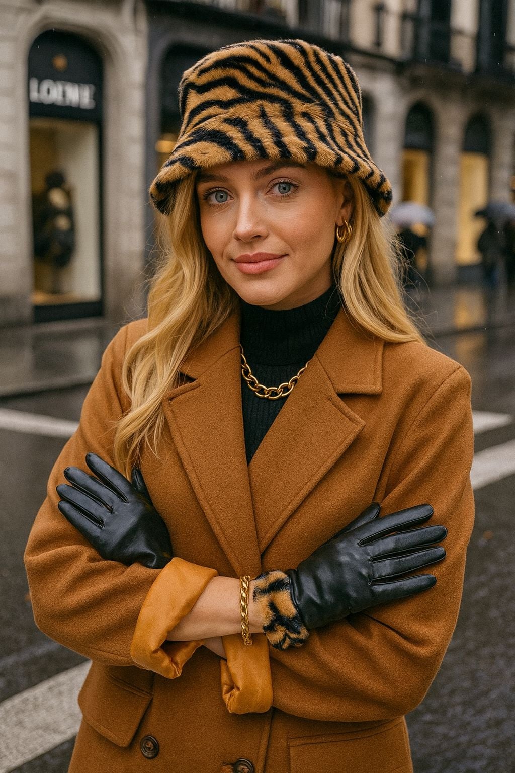Black Faux Leather Gloves with Tiger Print Faux Fur Trim - Nesvay - by Peralane - photo 2